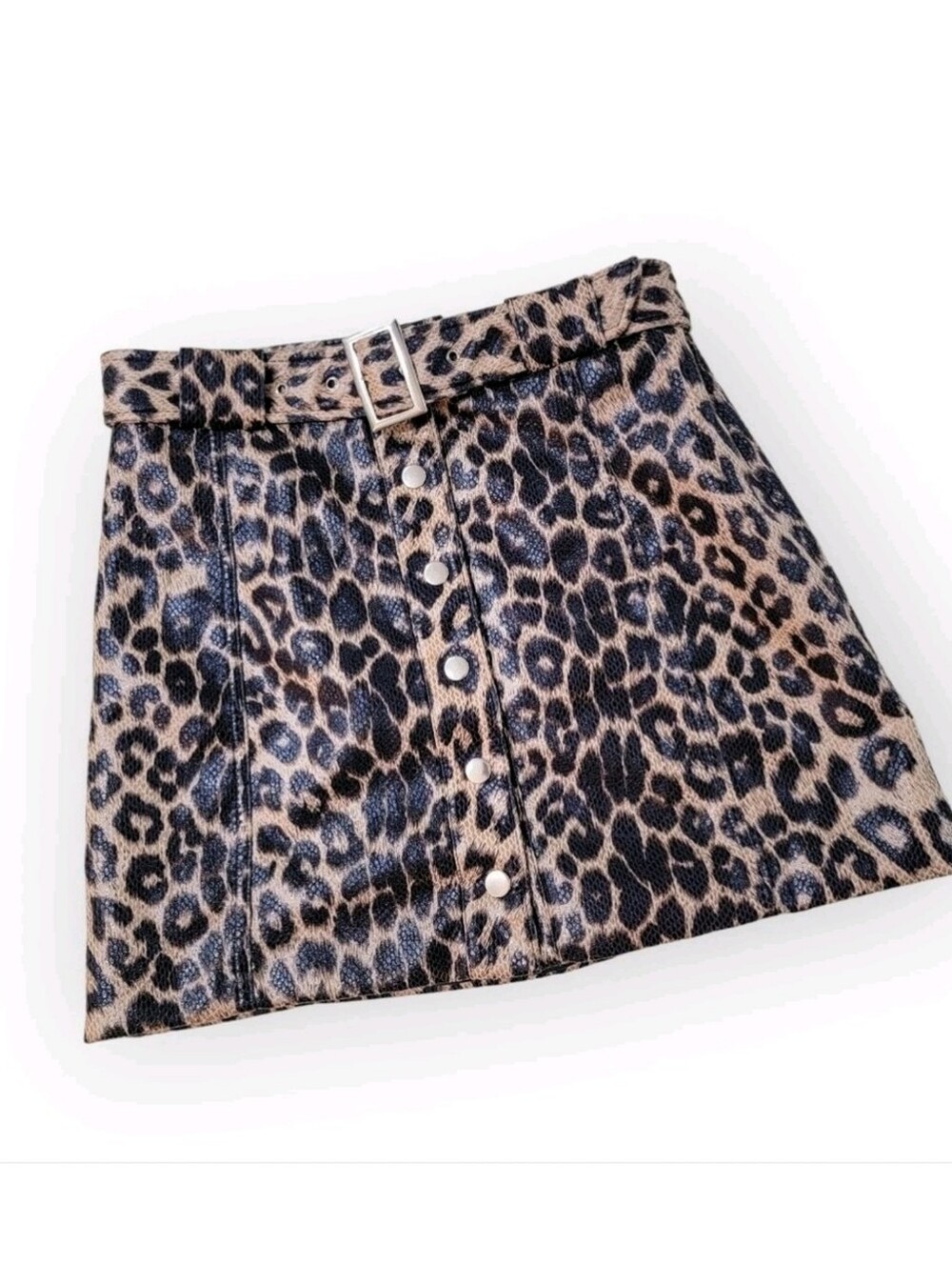 Know One Cares Leopard Print Faux Leather Belted Button Front Mini Skirt S Small